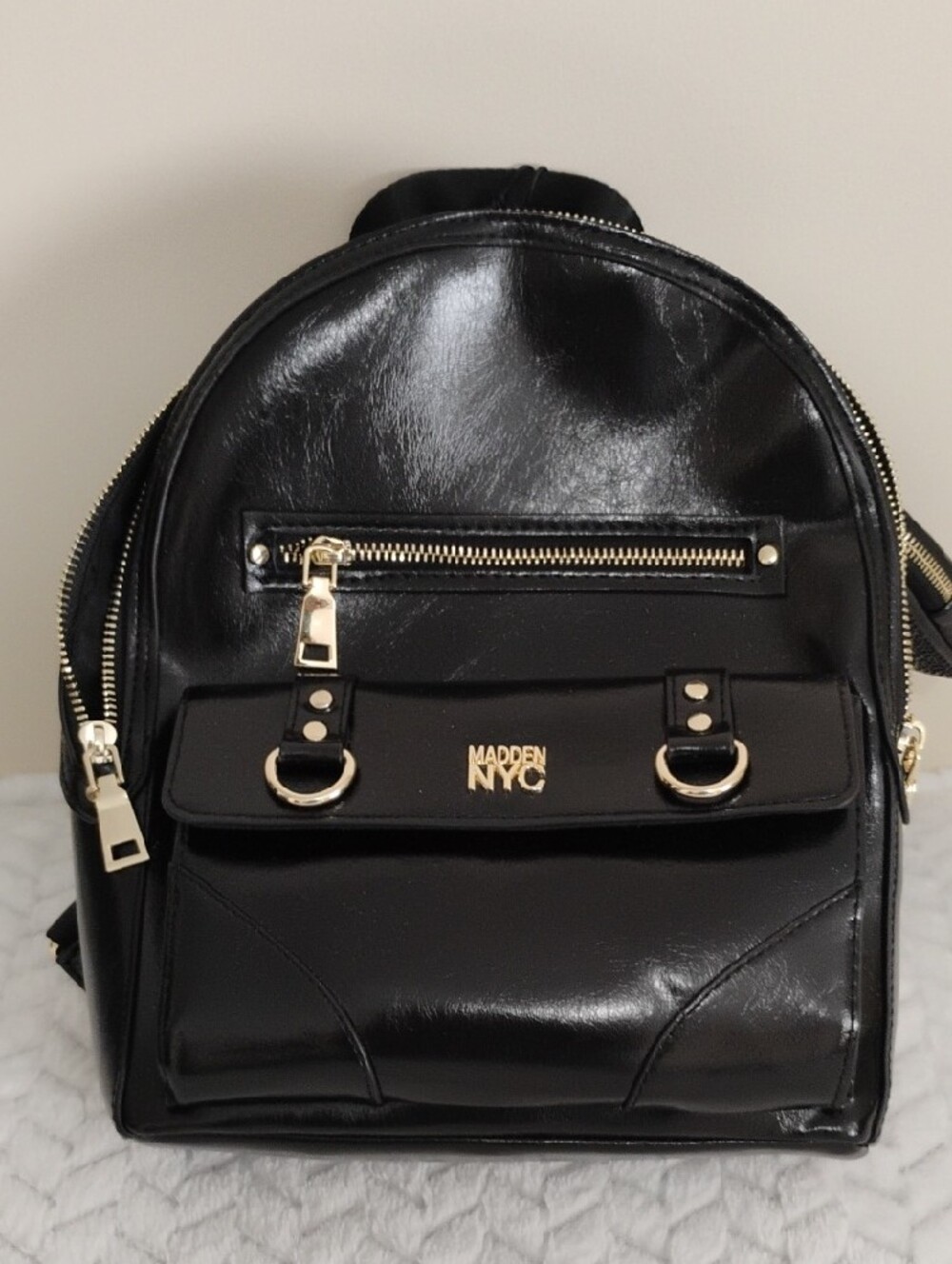 Steve Madden Black Faux Leather Mini Backpack with Gold Hardware - Picture 6 of 6